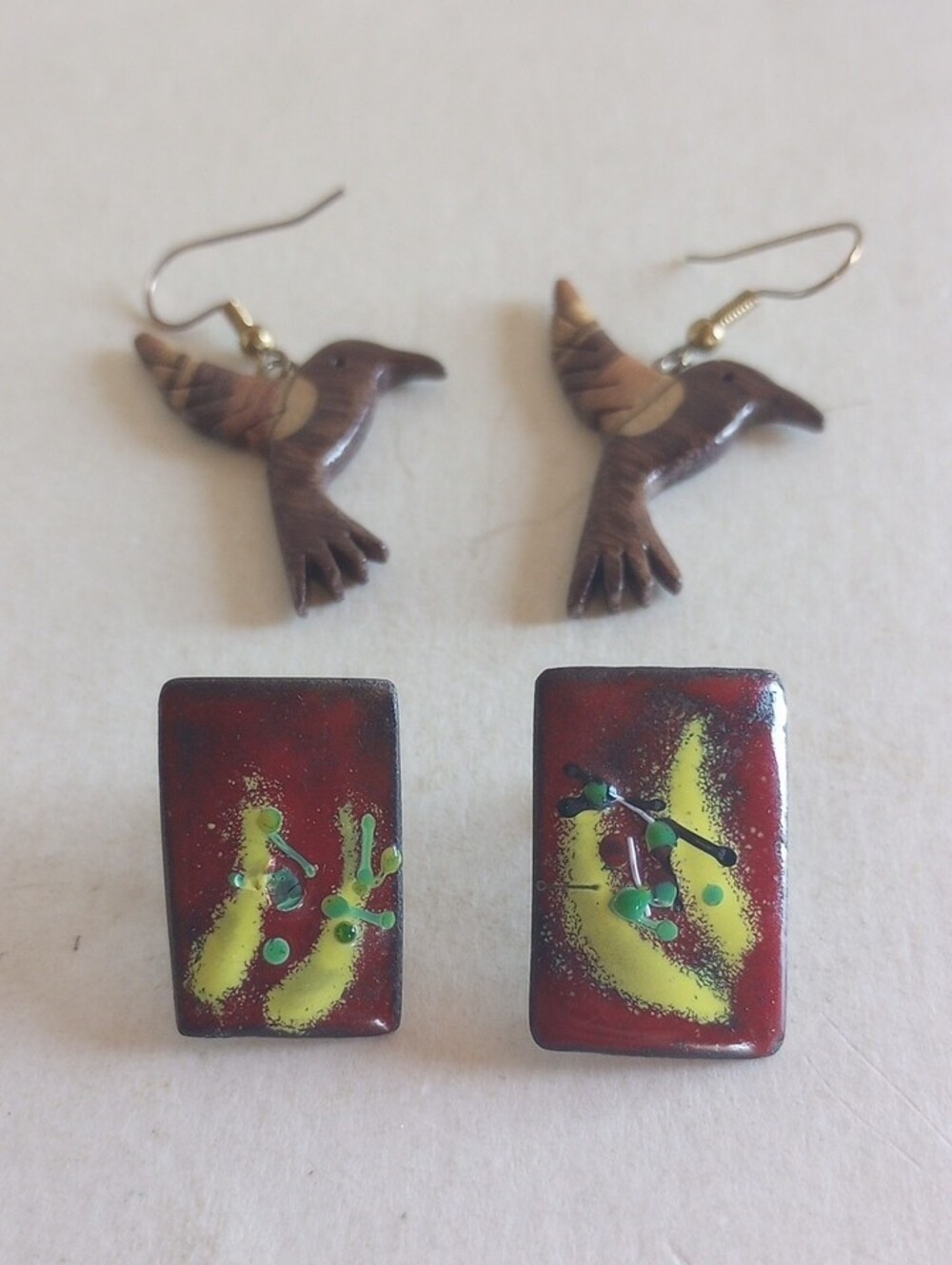 Lot of TWO Handmade Wooden Hummingbird Earrings  ENAMEL Signed ACW